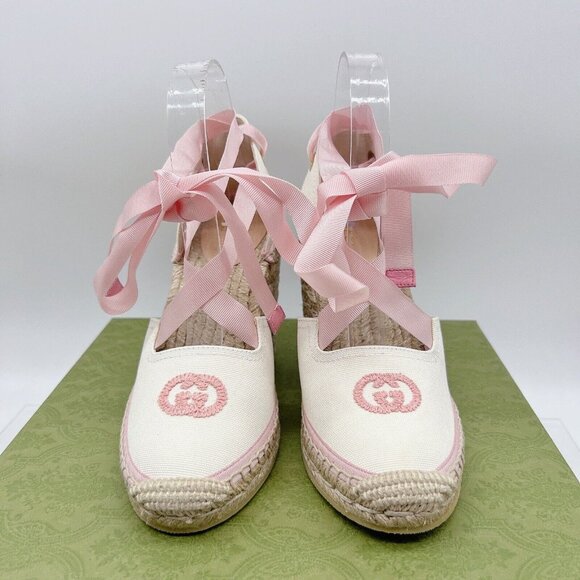 GUCCI INTERLOCKING G Platform Wedge ESPADRILLE Pink RIBBON TIE EU 40/ US 10 - Picture 4 of 12